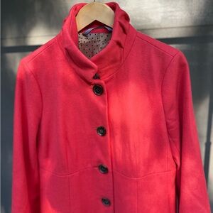 J. Crew Uptown Ruffled Collar Long Coat. Coral pink. Tortoise buttons. Sz 10